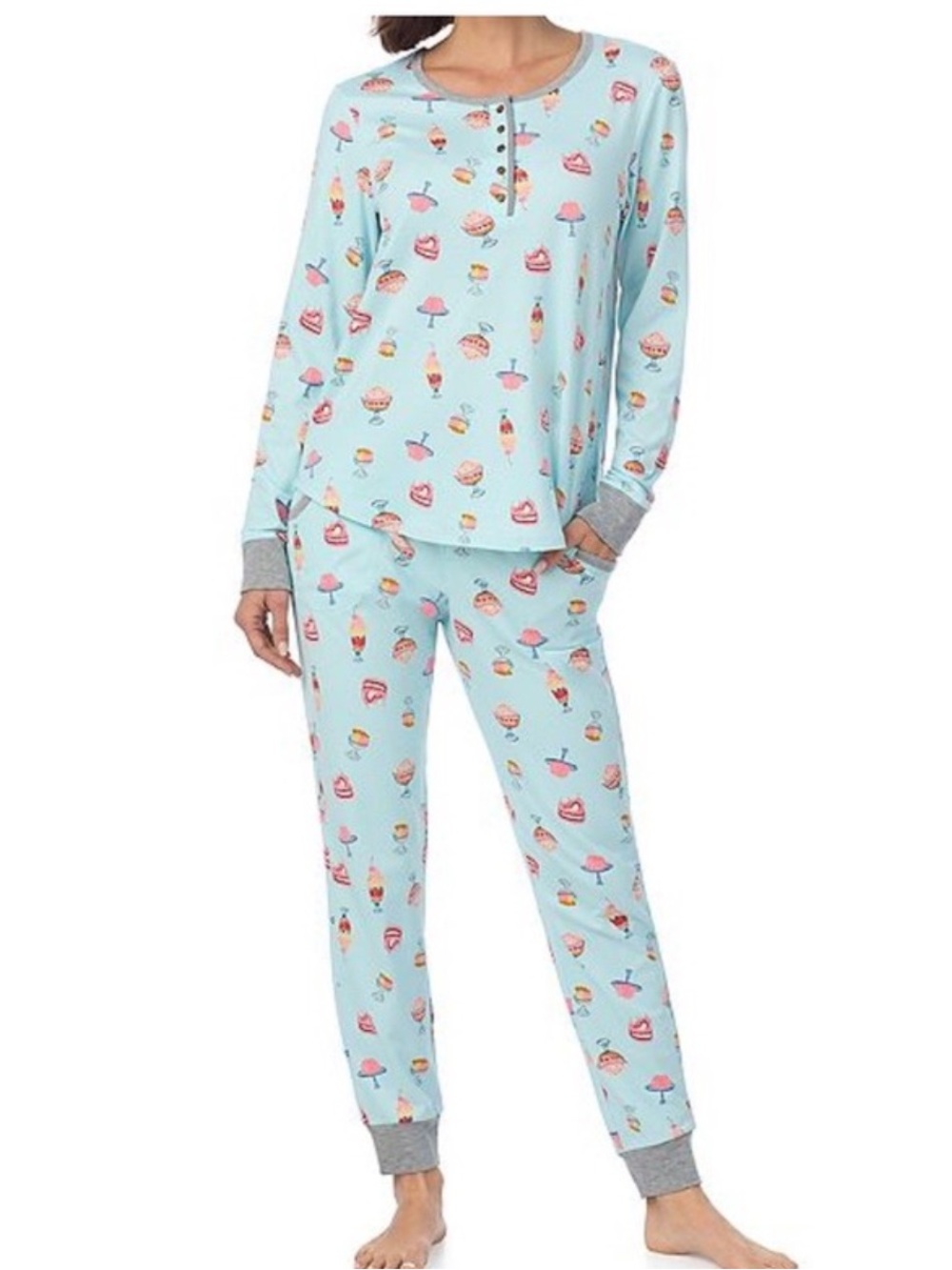 Cuddl Duds Aqua Blue Ice Cream Dessert Print Henley Pajama Set